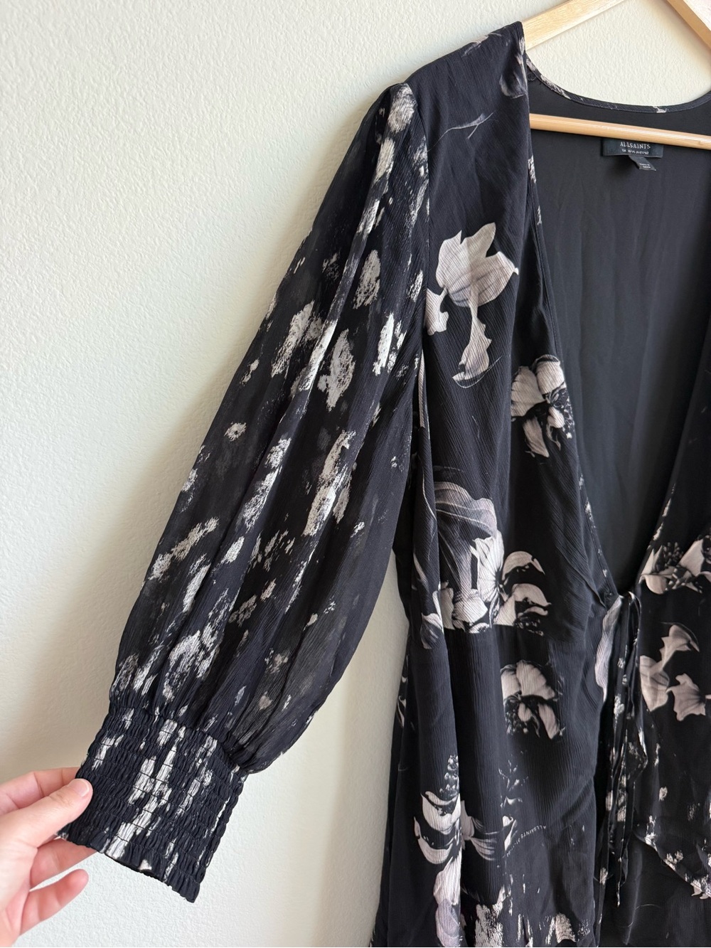 AllSaints Ari Pauline Floral Faux Wrap Chiffon Mini Dress Black Grey 10 - Picture 9 of 16